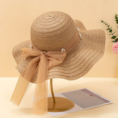 Ruffles Sun Hat Faux Pearl Straw Hat Sunscreen