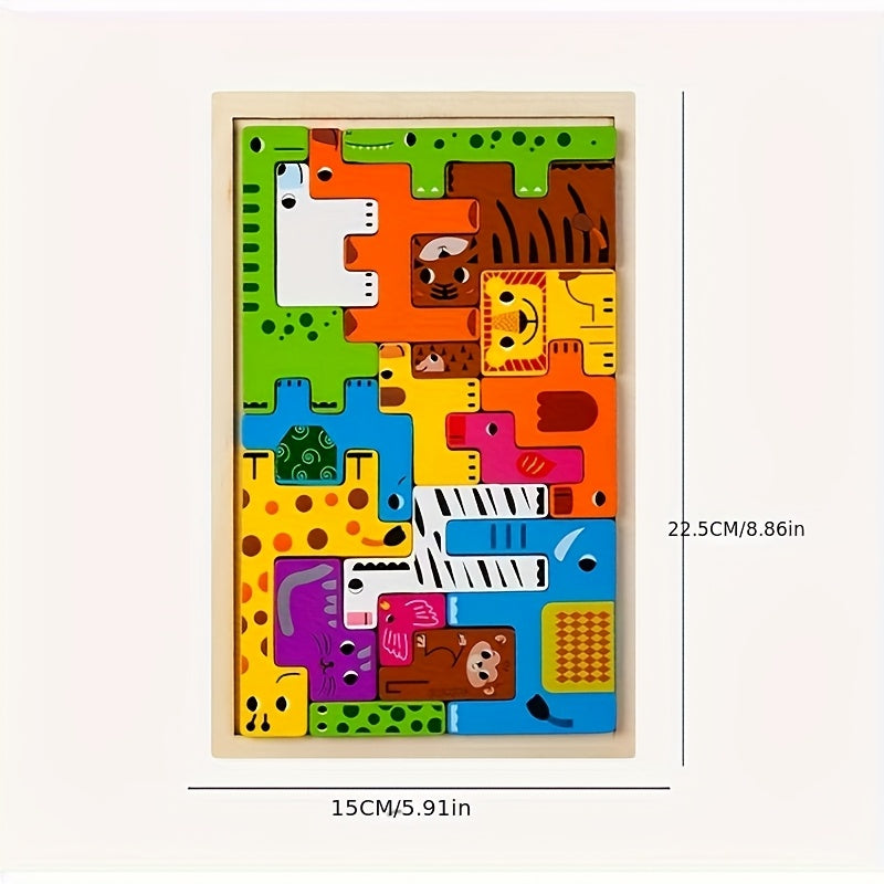 Wooden Animal & Traffic Building Block Puzzle Set with Recognition Board