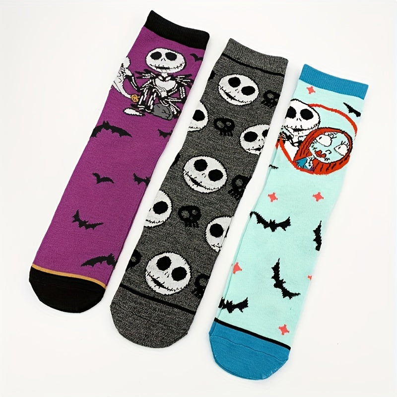 3 Pairs Skull Print Socks Halloween Crew Socks Women's Stockings