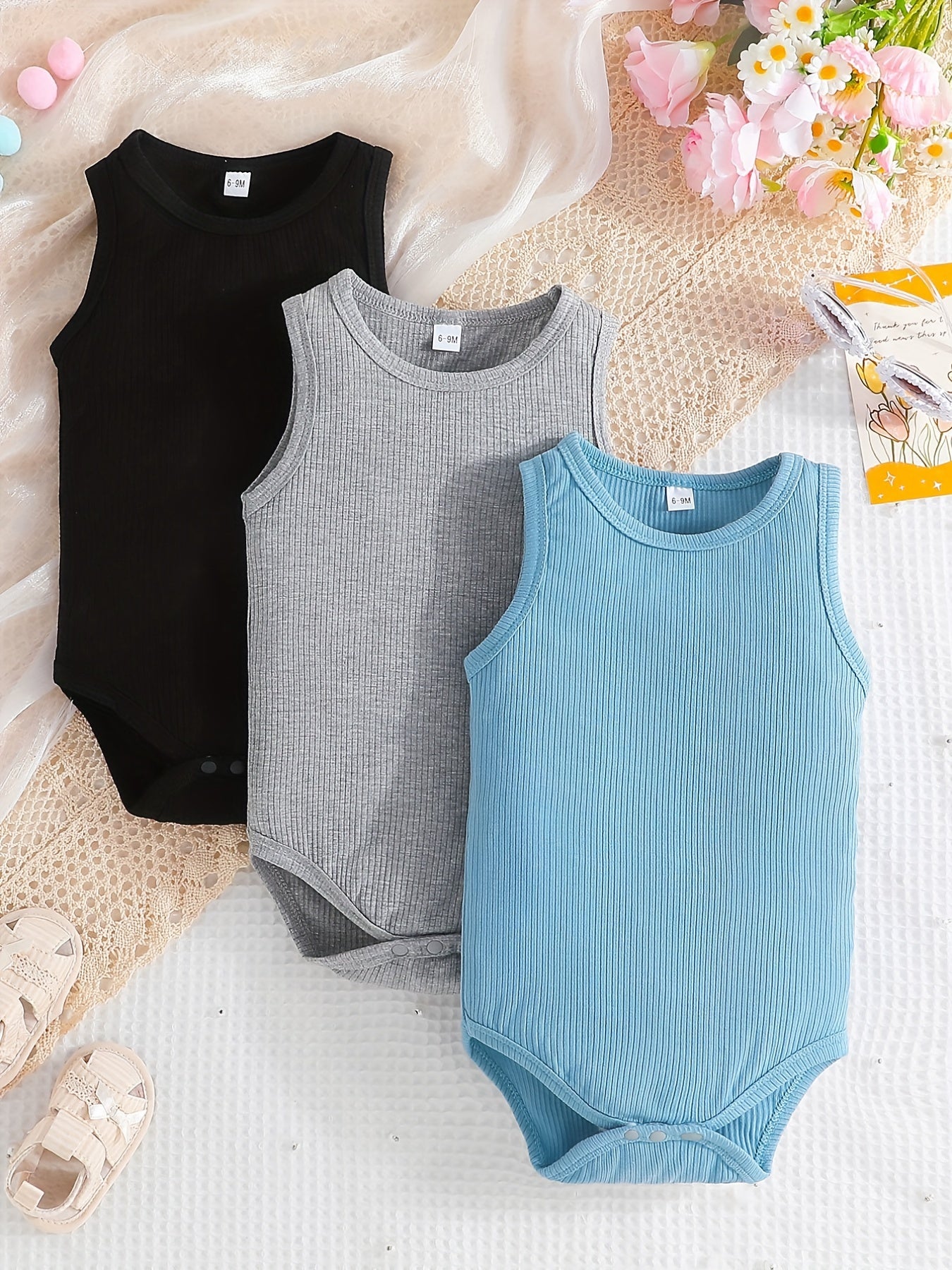 3pcs Baby Boys Cotton Sleeveless Onesie Set Infant Summer Rompers