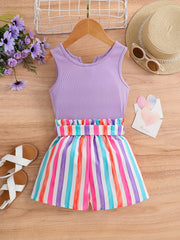 2pcs Toddler Girls Tank Top & Striped Shorts Set Summer Clothes