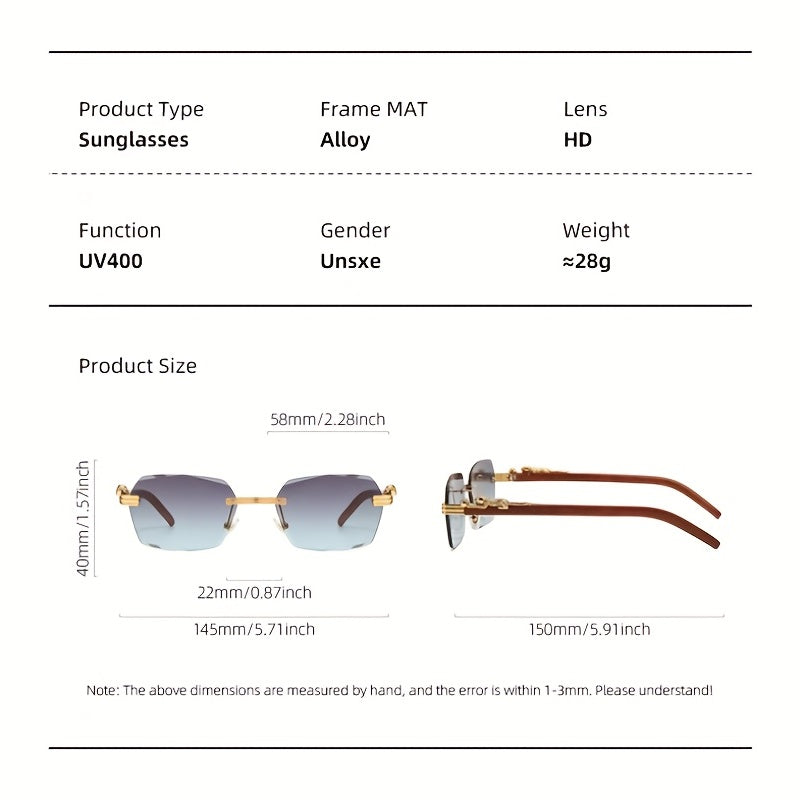 Men's Wood Print Leopard Head Rimless Sunglasses Square Frame Glasses