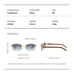 Men's Wood Print Leopard Head Rimless Sunglasses Square Frame Glasses