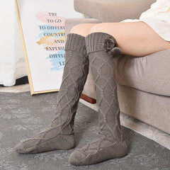 Argyle Calf Socks Pompom Decor Warm Knee High Socks Women's