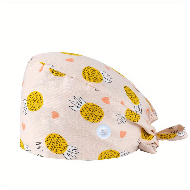 Cartoon Print Nurse Cap Scrub Cap with Button Elastic Adjustable Work Hat