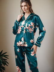 Floral Satin Pajama Set Long Sleeve Top & Pants