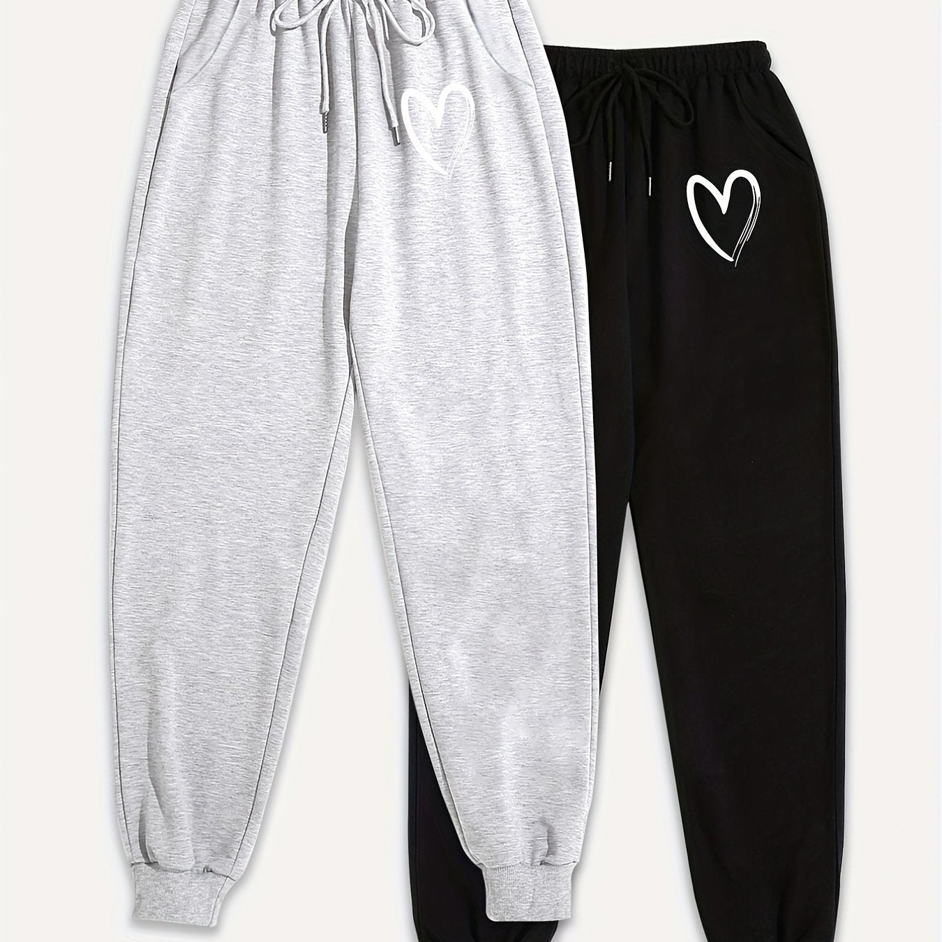 2 Pack Plus Size Joggers Women's Plus Heart Print Elastic Drawstring 2 Pcs Set
