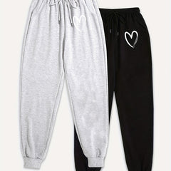 2 Pack Plus Size Joggers Women's Plus Heart Print Elastic Drawstring 2 Pcs Set