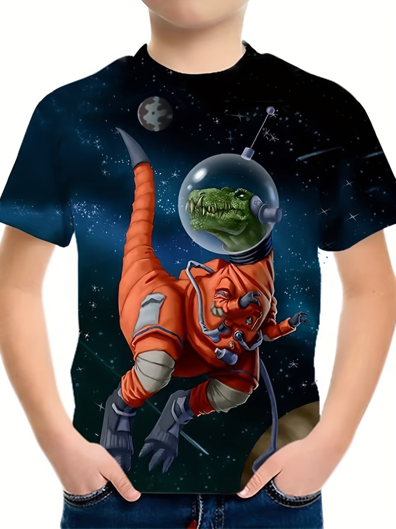 Boy's Dino Astronaut T-shirt Casual Stretch Tee for Summer