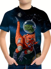 Boy's Dino Astronaut T-shirt Casual Stretch Tee for Summer