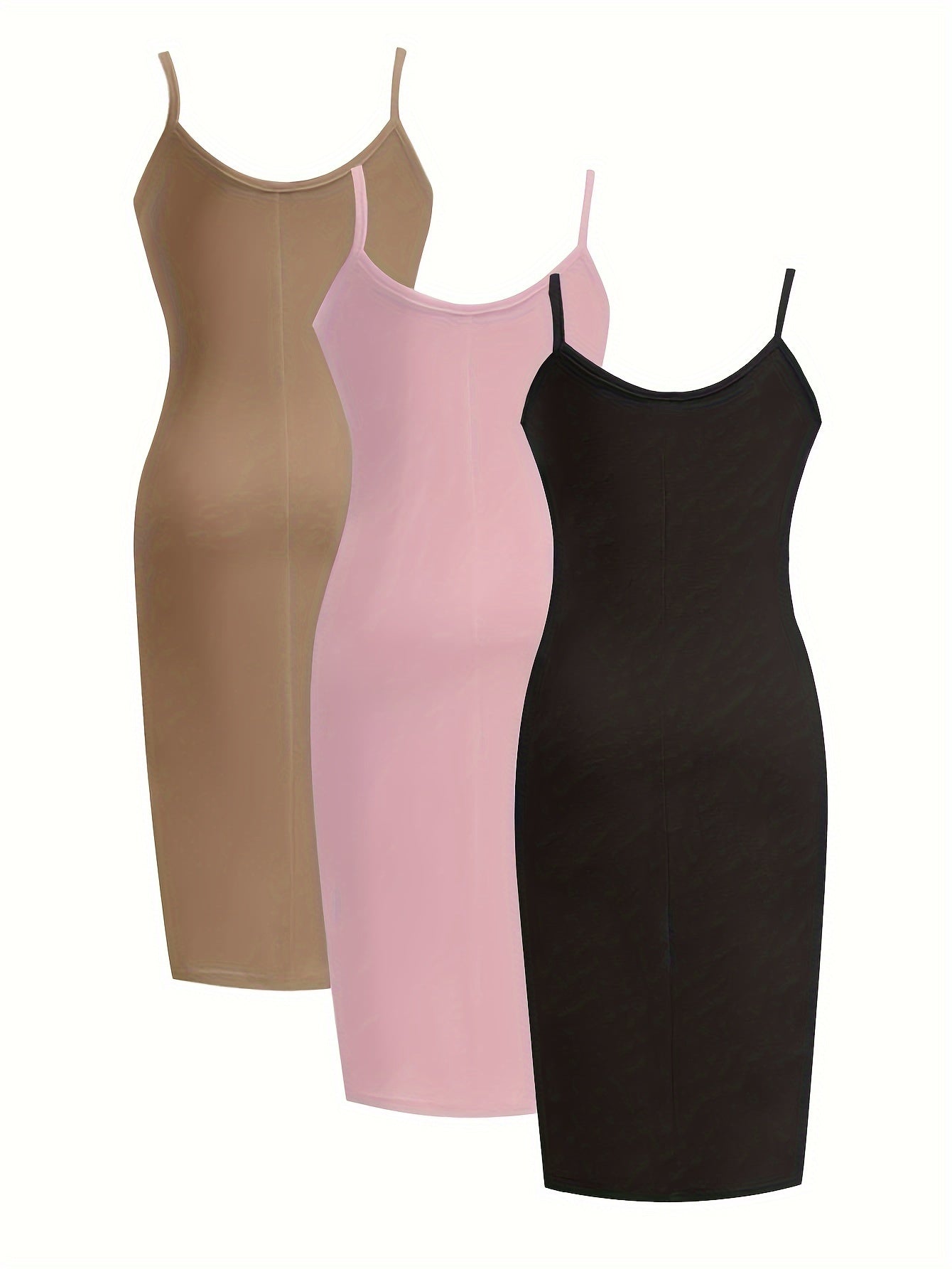 3 Pack Plus Size Basic Dress Set Solid Round Neck Slim Fit Cami Dress