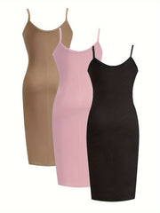 3 Pack Plus Size Basic Dress Set Solid Round Neck Slim Fit Cami Dress