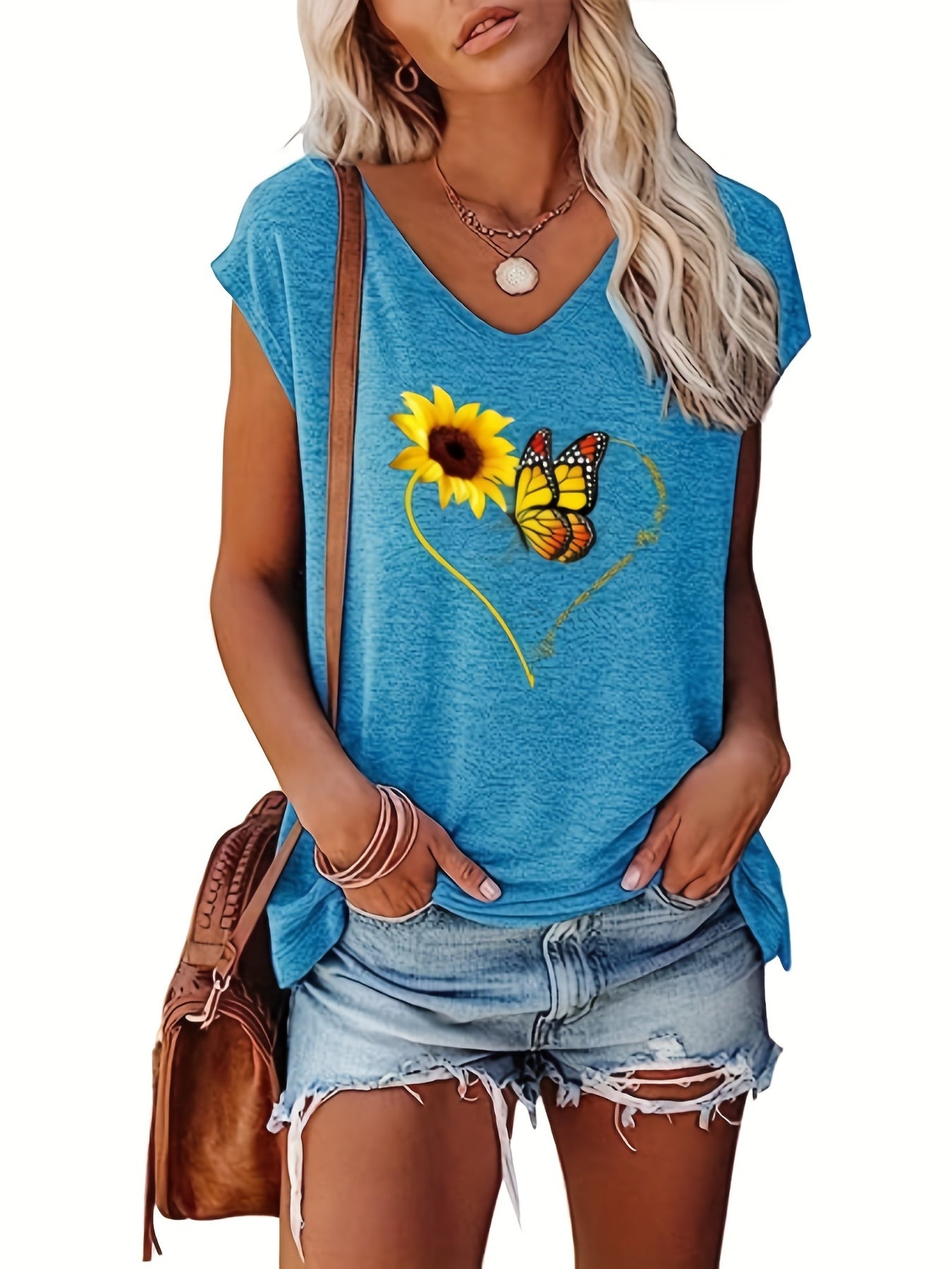 Sunflower & Butterfly Print Cap Sleeve Top V Neck Summer Top