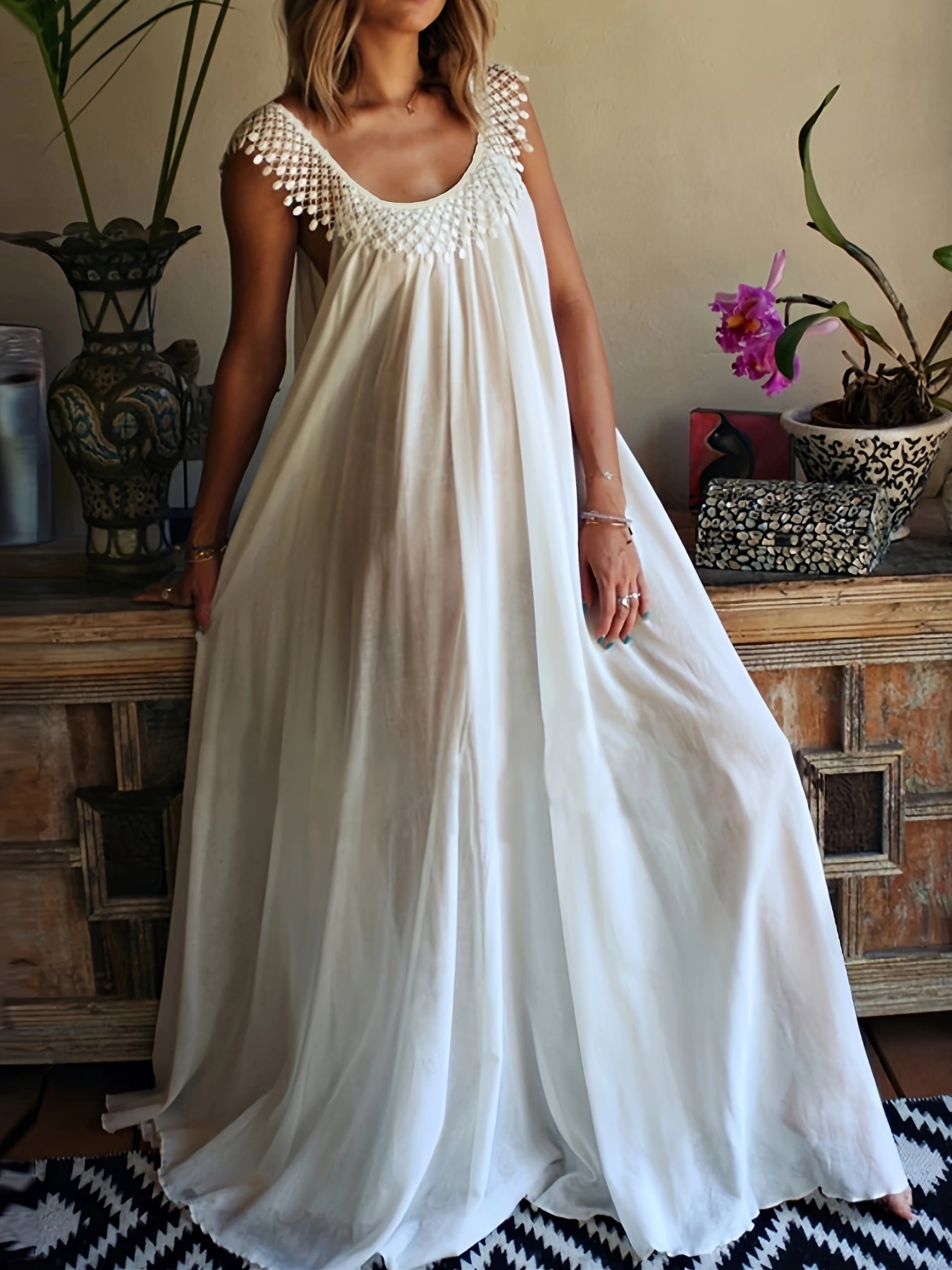 Boho Dress Women's Plus Lace Round Neck Loose Fit Dress