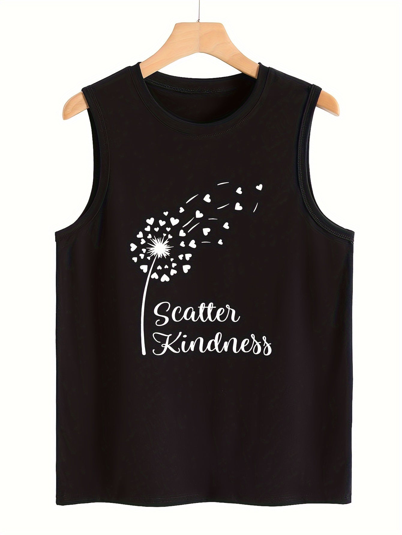 Dandelion & Heart Print Sleeveless Sports Vest Round Neck Stretchy Casual Tops