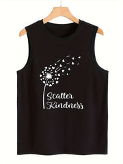 Dandelion & Heart Print Sleeveless Sports Vest Round Neck Stretchy Casual Tops