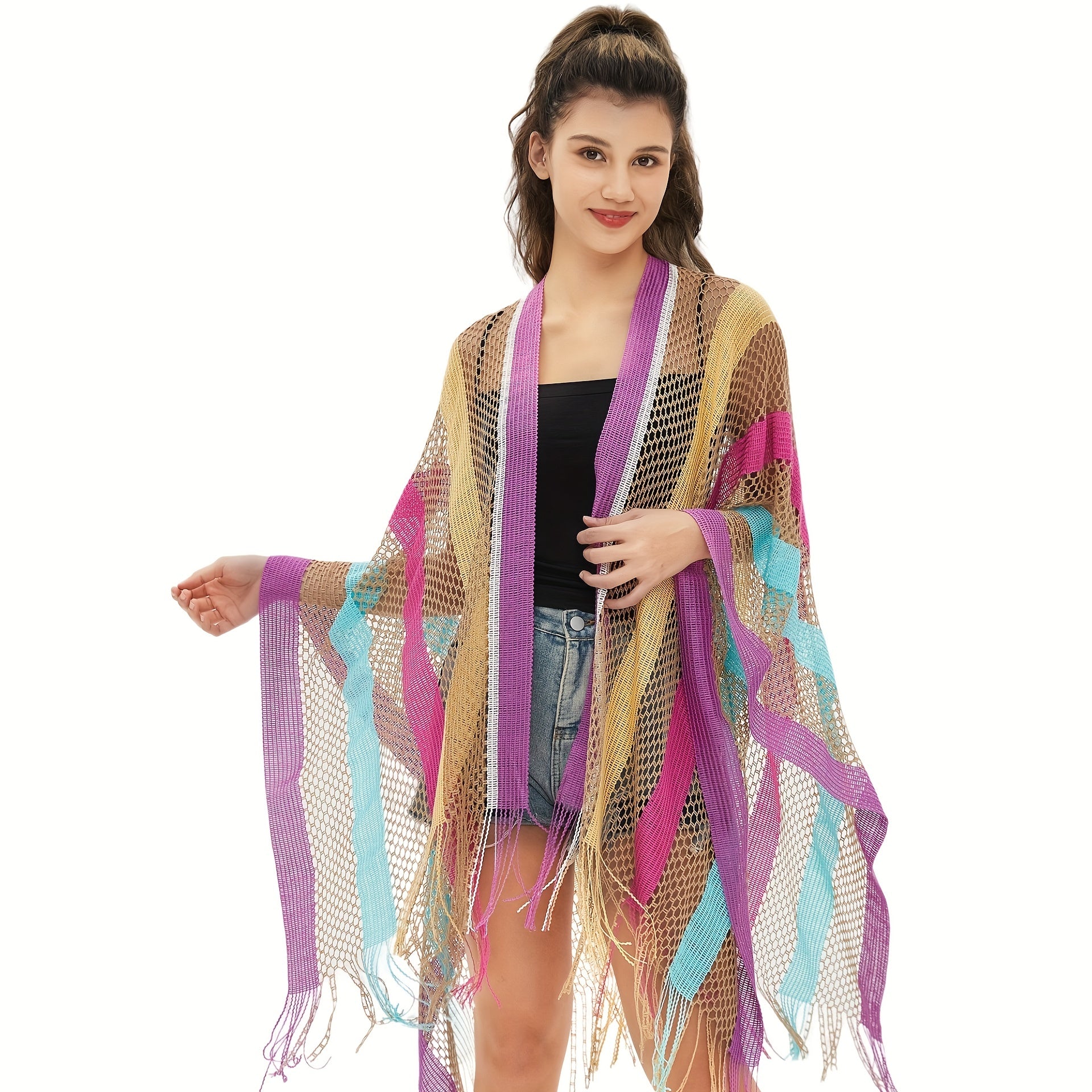 Striped Tassel Shawl Vintage Knitted Cardigan For Women