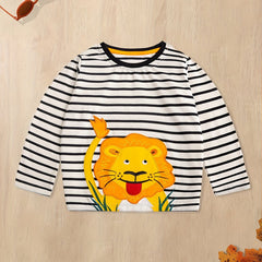 Boys Cartoon Lion Long Sleeve T shirt Striped Cotton Top