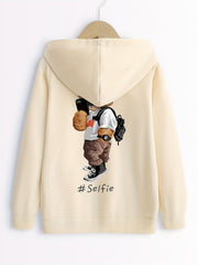 Selfie Bear Print Boys Casual Pullover Hooded Sweatshirt