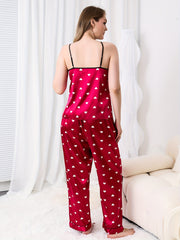 Heart Print Round Neck Satin Cami Top & Pants Set
