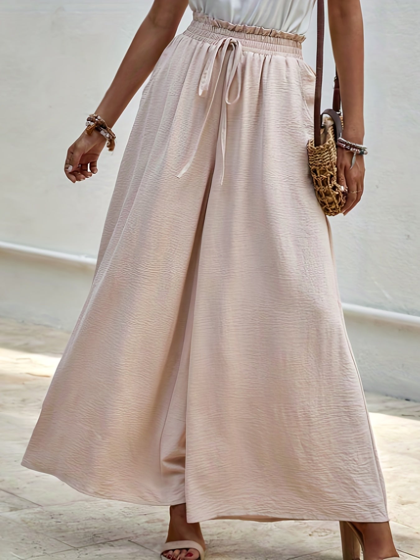 Paper Bag Waist Palazzo Pants Drawstring Wide Leg Pants