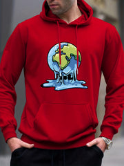 Melting Earth Print Hoodie Men's Casual Graphic Pullover Hooded Sweatshirt