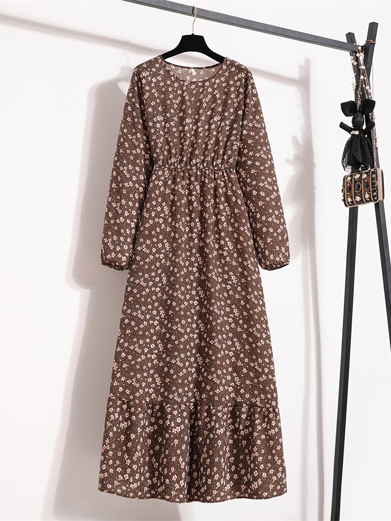 Floral Print Crew Neck Dress Boho Long Sleeve Dress