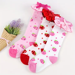 2 Pairs Knee Lace Socks Strawberry Jacquard Kids Bow Jewelry Socks Girls