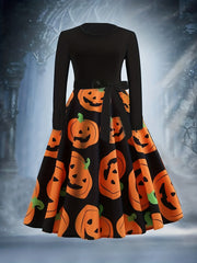 Pumpkin Print Long Sleeve A line Dress With Belt