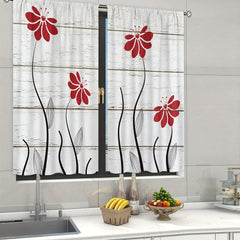 Red Flower Pattern Curtains Floral Petals Rod Pocket Plant Wooden Printed Curtai