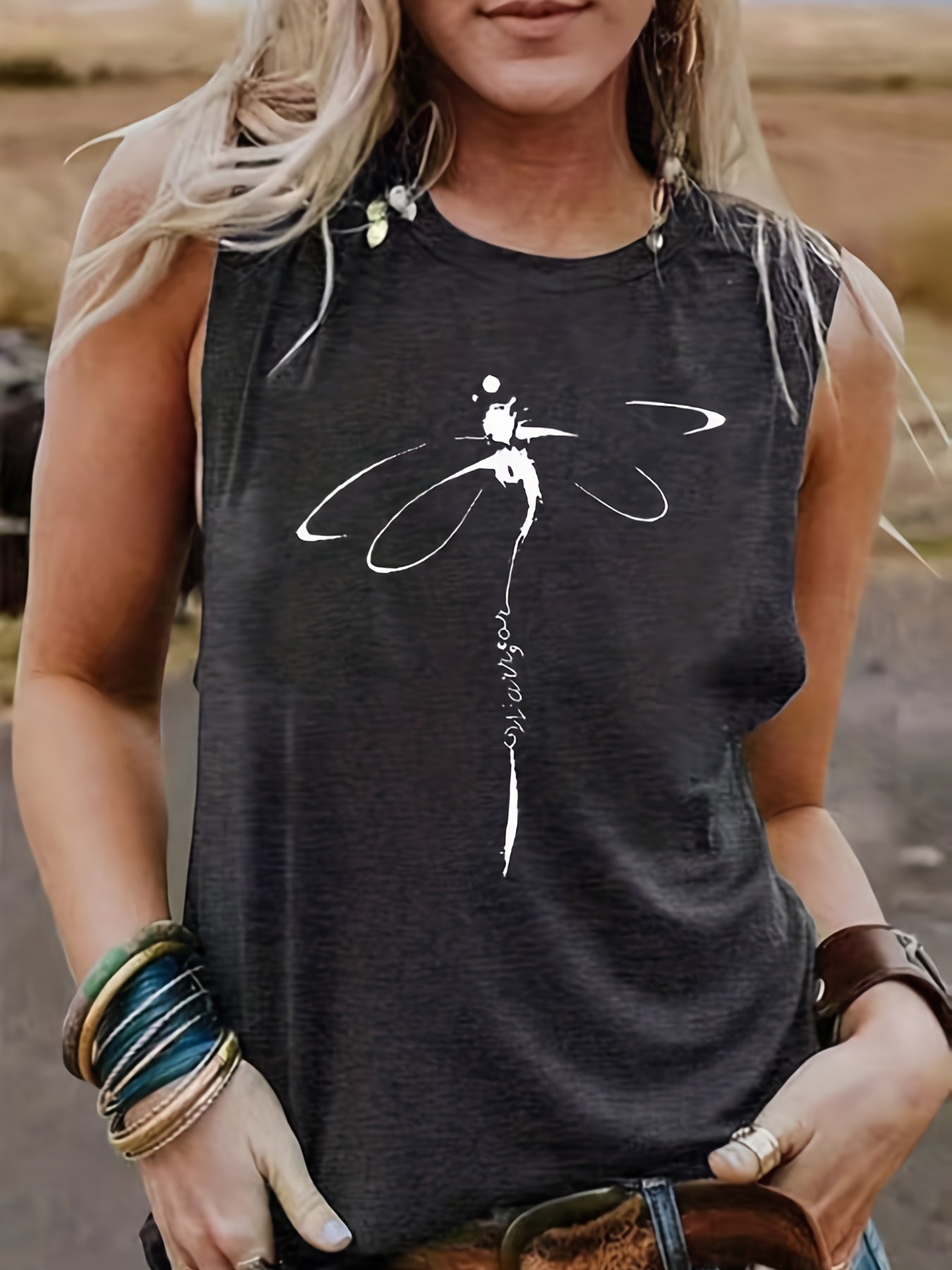 Dragonfly Print Tank Top Casual Sleeveless Loose Fit Women's Clothing