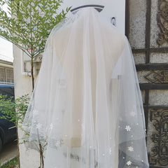 JOANSHRINE Double Layer Bridal Veil Vintage Floral Embellishment