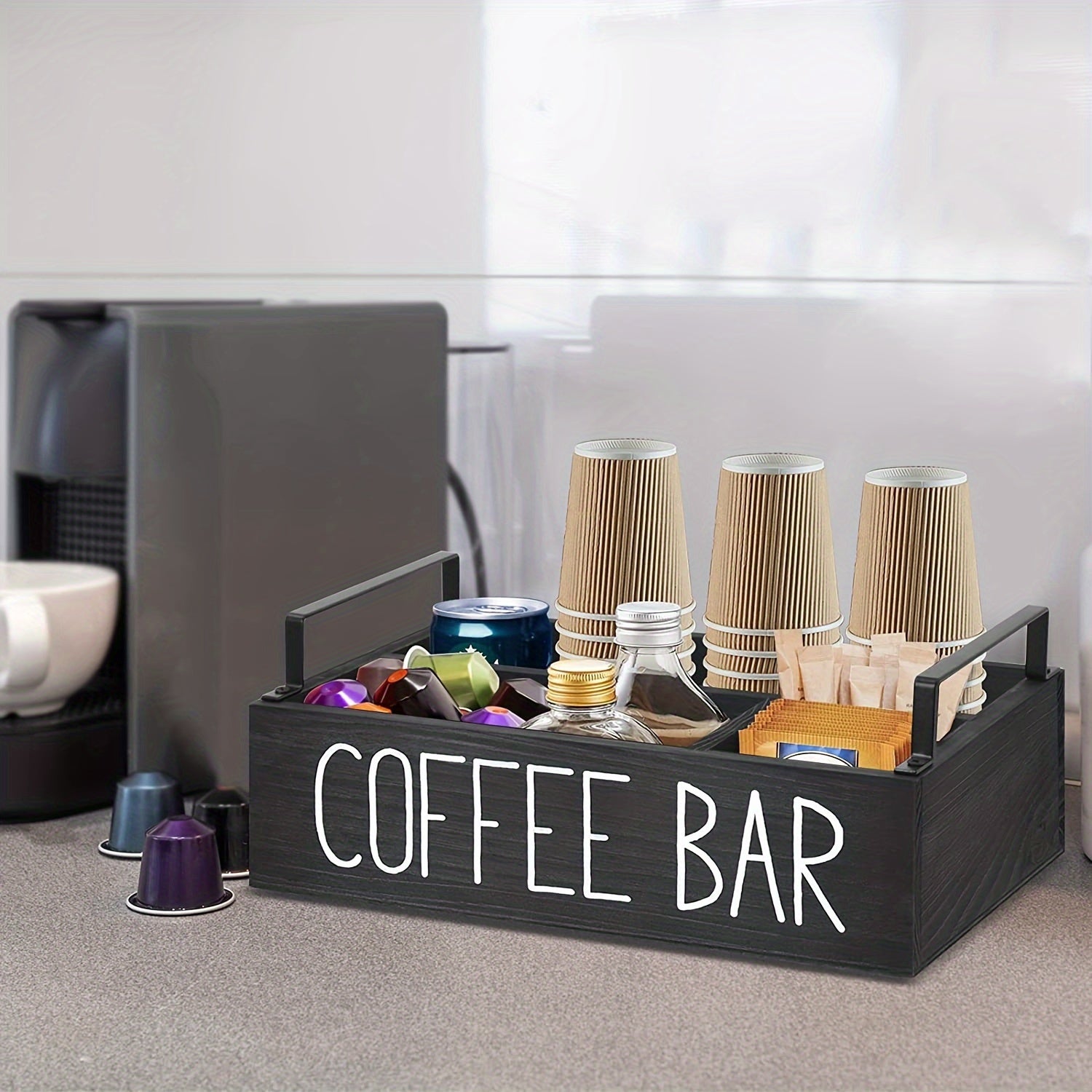 Wooden Coffee Bar Box Farmhouse Style Countertop Organizer for Cups & Pods