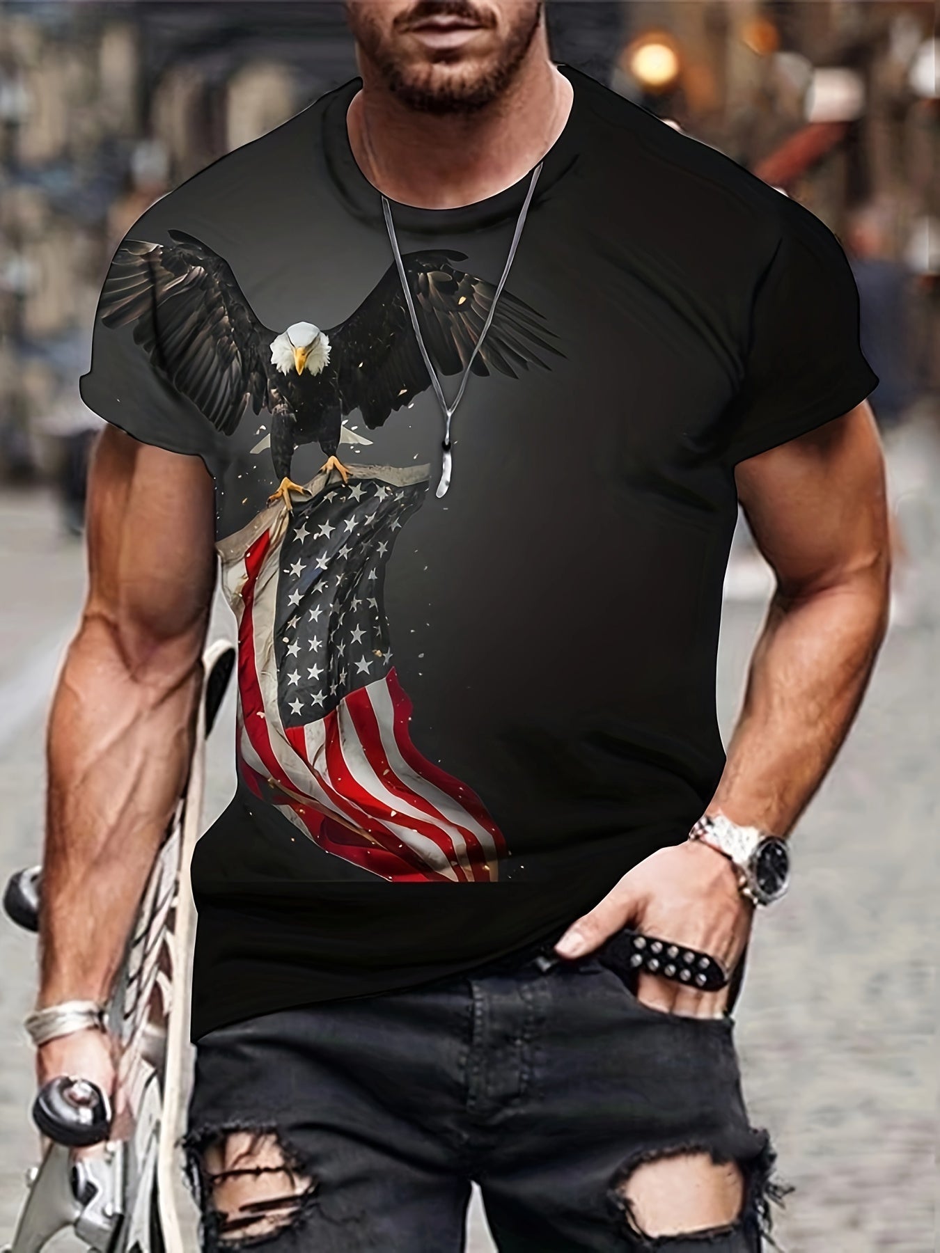 Men's 3D American Flag Eagle T shirt Active Top for Outdoor