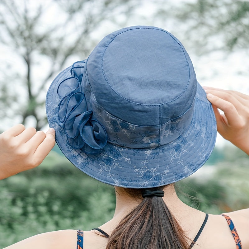 Flower Decor Gauze Bucket Hat Embroidery Basin Hat Casual Fisherman Cap