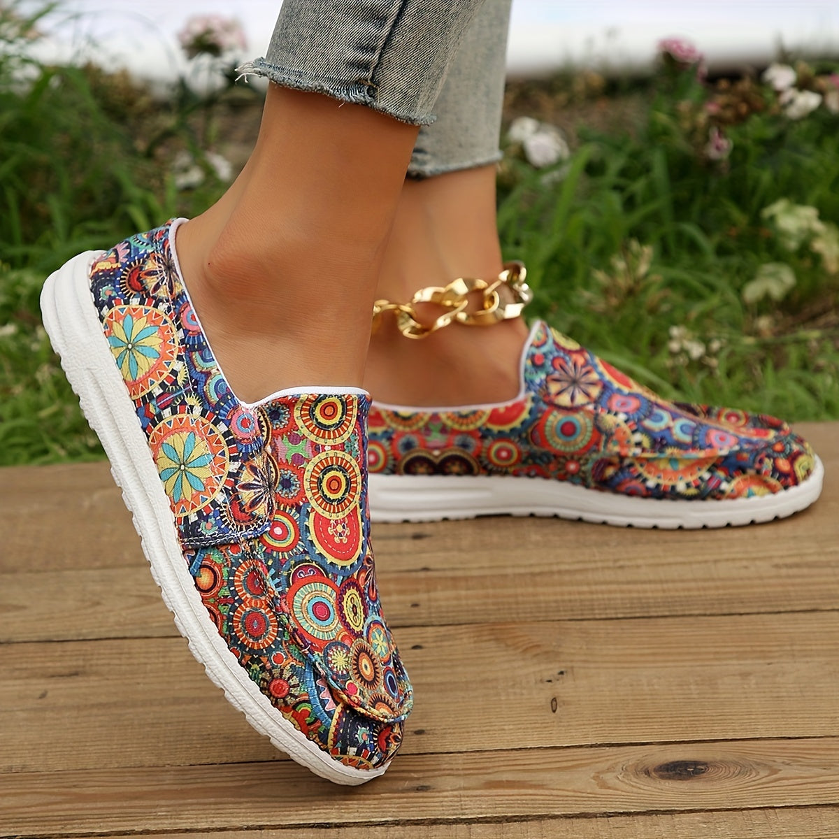Women's Colorful Circle Print Slip-On Sneakers Low Flat Shoes