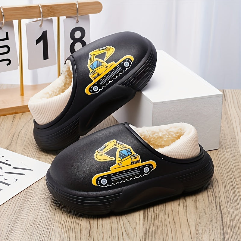 Boys Cartoon Plus Fleece House Shoes Soft Non Slip Indoor Walking Shoes