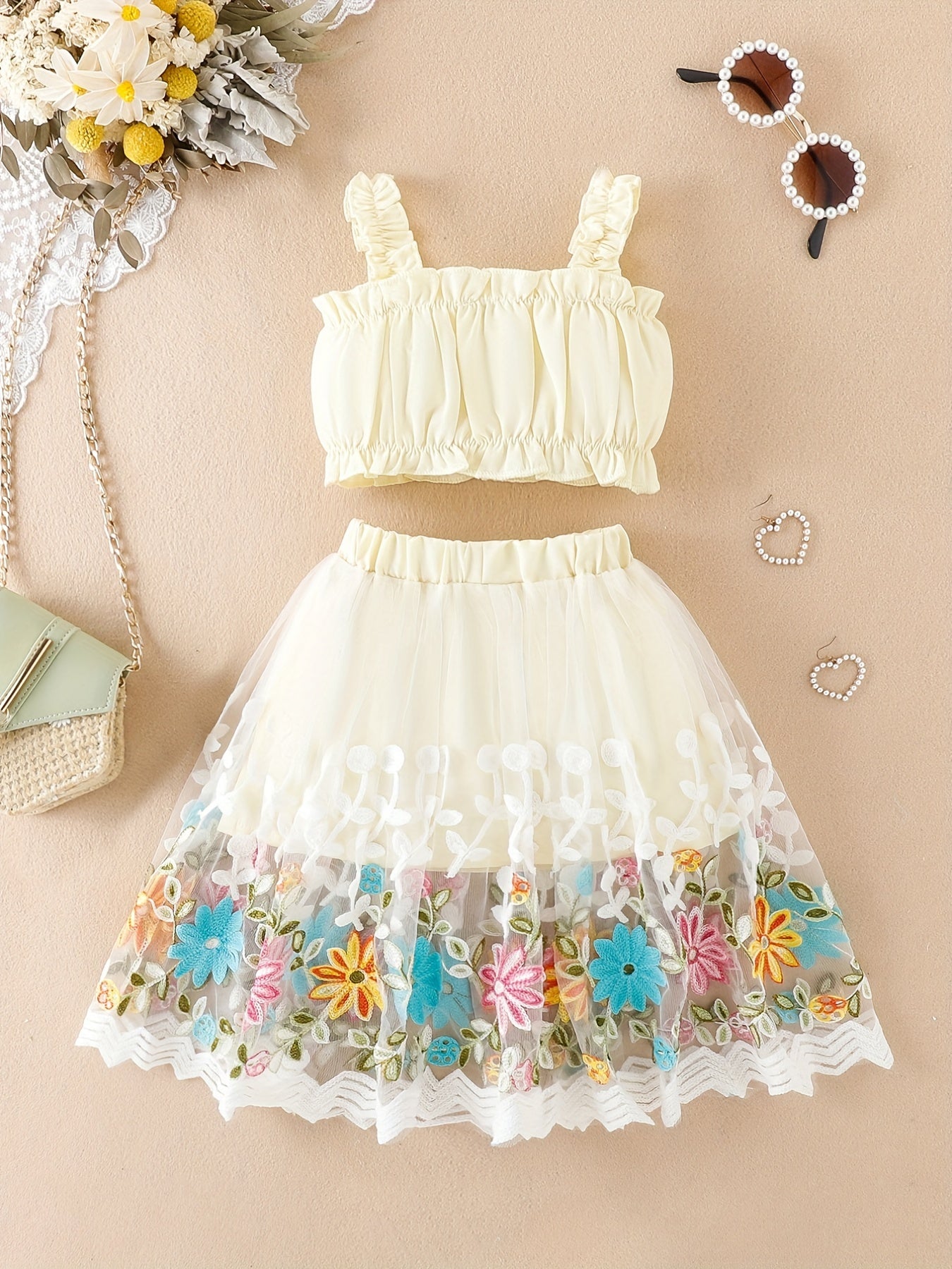 2pcs Baby Girls Camisole Top & Mesh Flower Skirt Set