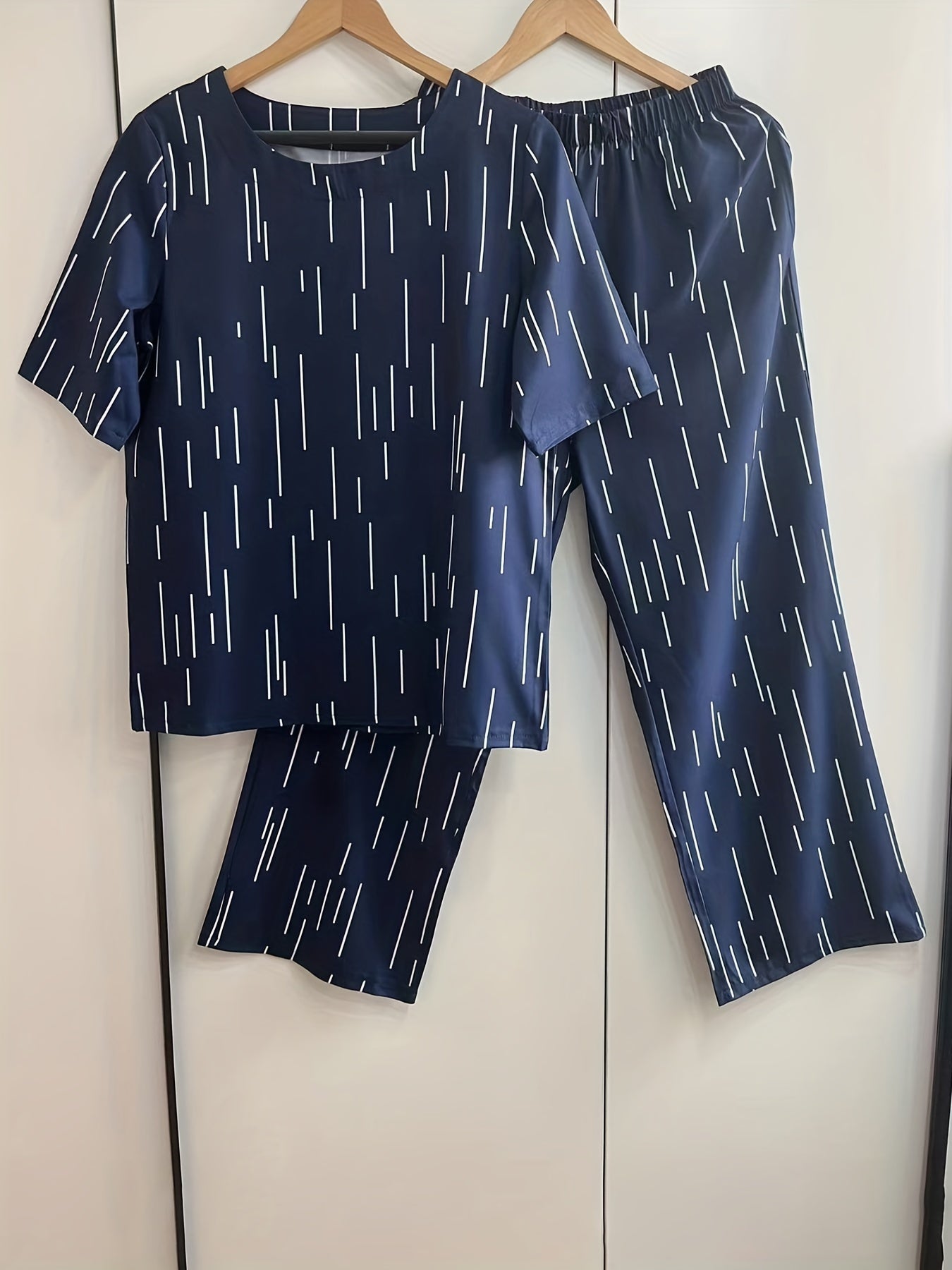 Casual Stripe Matching Two piece Set Crew Neck Tee & Wide Leg Pants