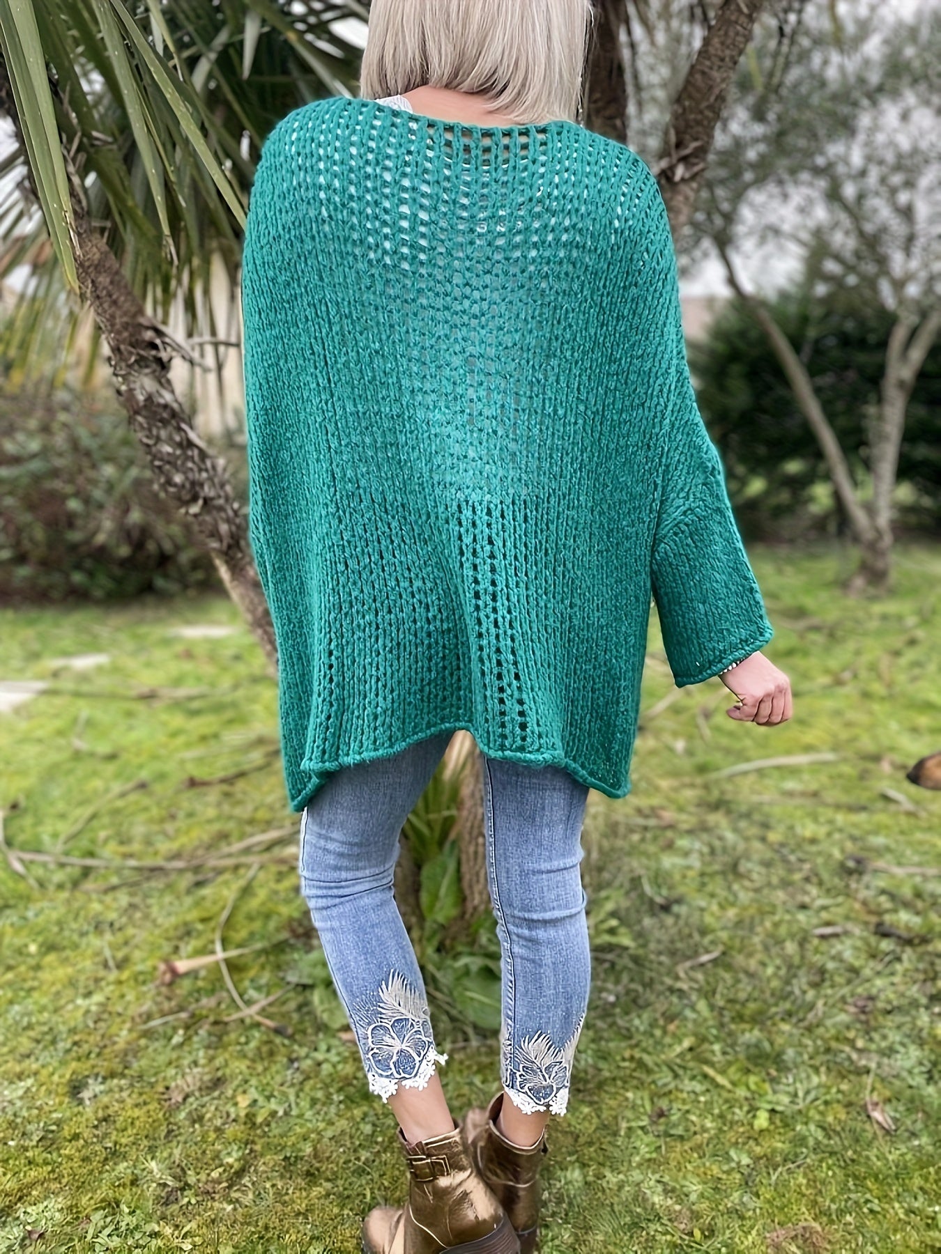 Casual Sweater Women's Solid Hollow Out Long Sleeve Round Neck Jumper