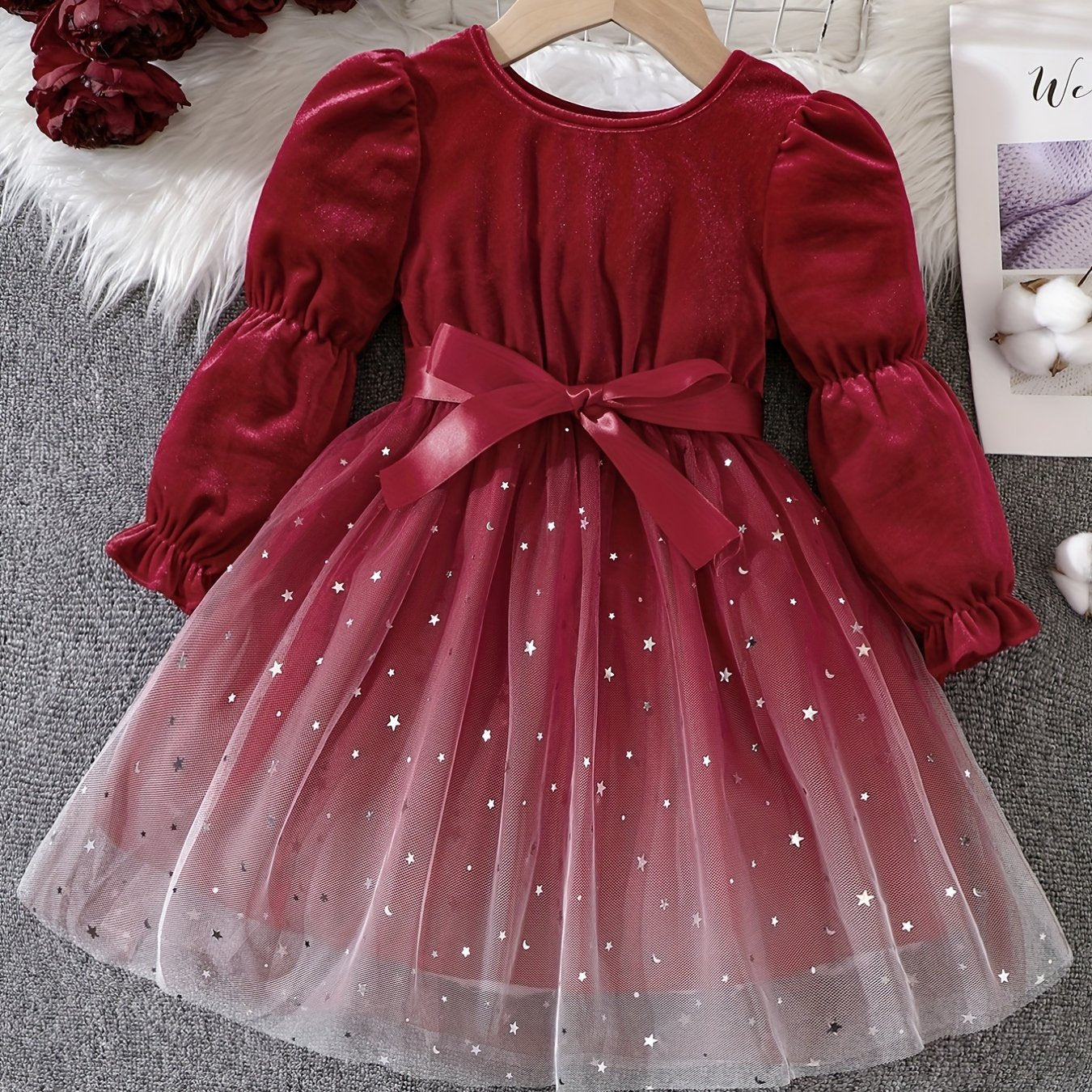 Girls' Christmas Velvet Princess Dress with Lace