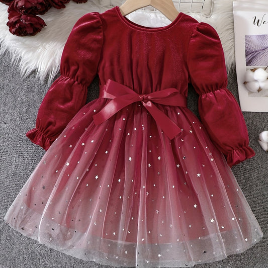 Girls' Christmas Velvet Princess Dress with Lace