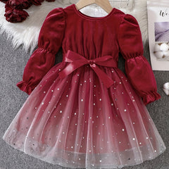 Girls' Christmas Velvet Princess Dress with Lace