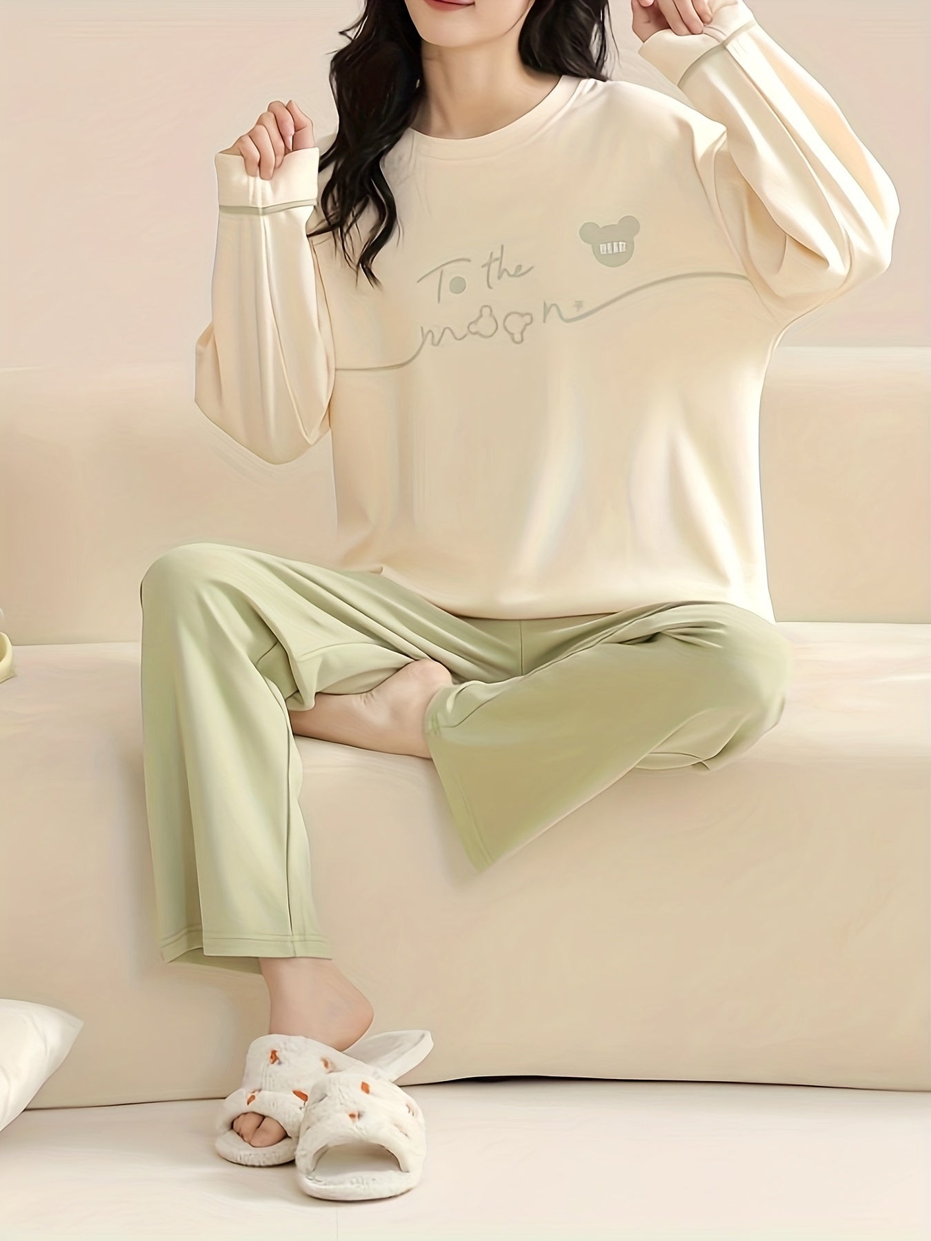 Letter Print Pajama Set Crew Neck Top & Elastic Waistband Pants