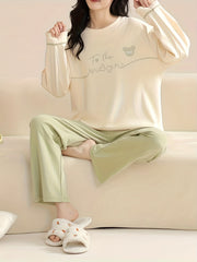 Letter Print Pajama Set Crew Neck Top & Elastic Waistband Pants