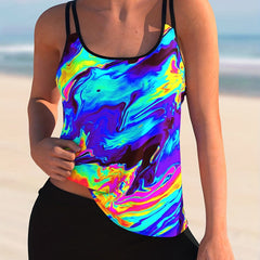 Tie Dye Tankini Set Round Neck Cami Top & Shorts Swimsuit Two Piece