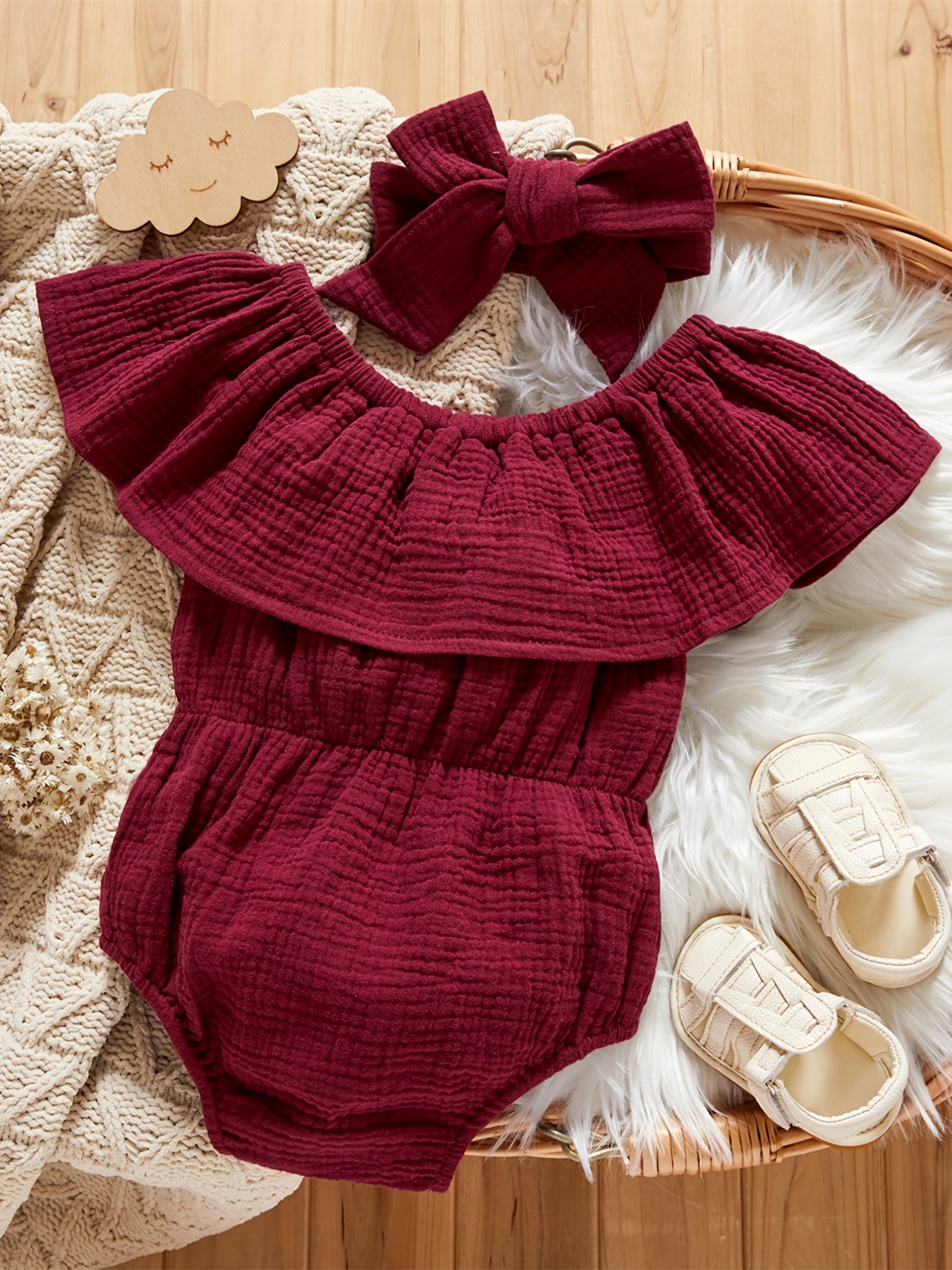 Baby Girls Ruffle Cotton Linen Romper Headband Bodysuit
