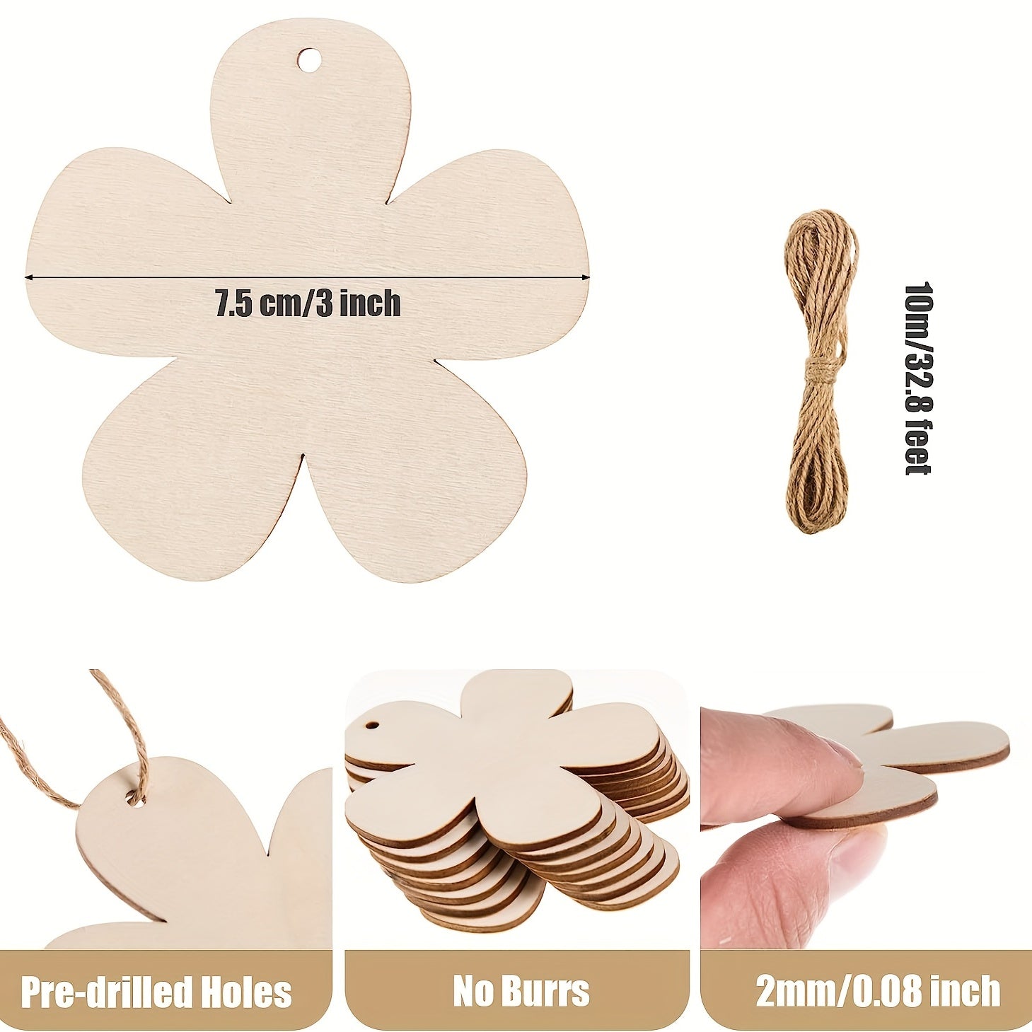 10pcs Wooden Flower Cutouts Ornaments with Twine Kids Painting DIY Crafts