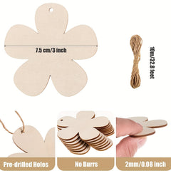 10pcs Wooden Flower Cutouts Ornaments with Twine Kids Painting DIY Crafts