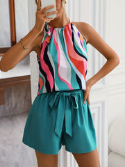 Abstract Ripple Print Sleeveless Top & Solid Wide Leg Shorts Set